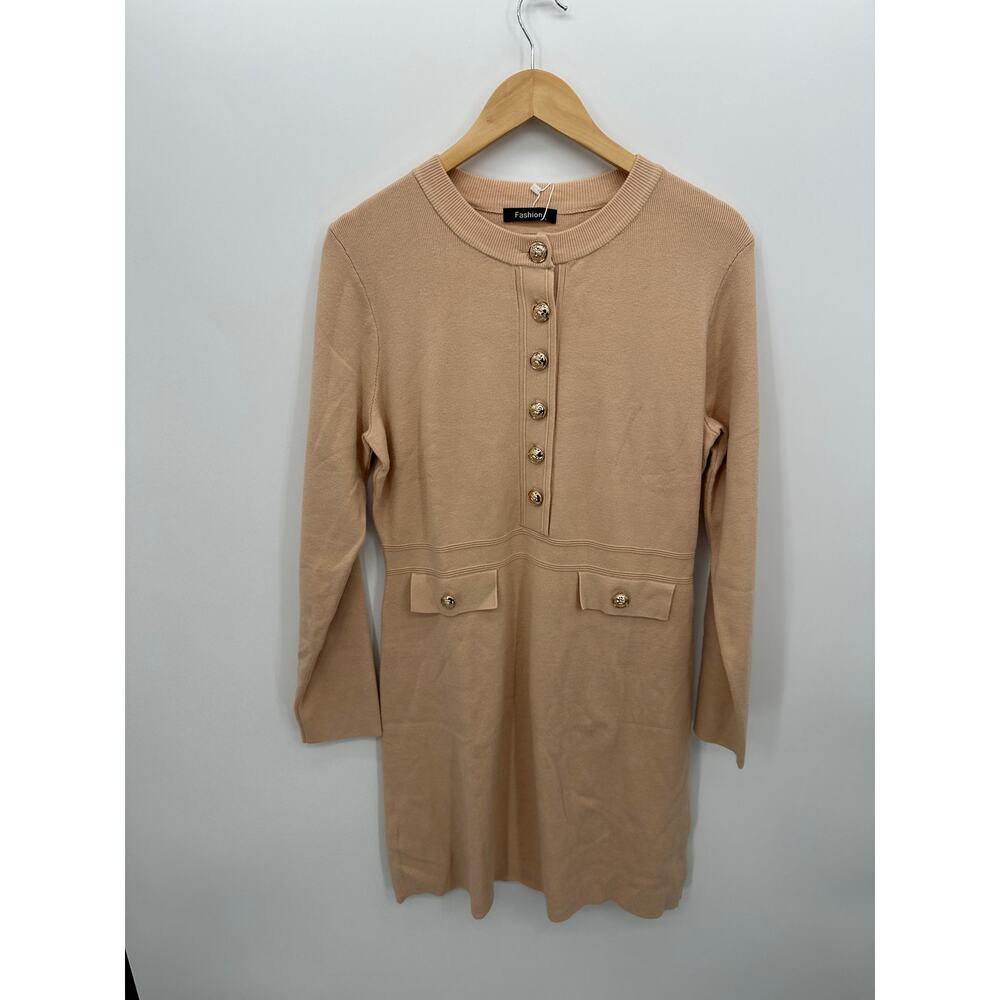 Academia Preppy Tan Knit Sweater Dress Size L NWT Quiet Luxury Old Money